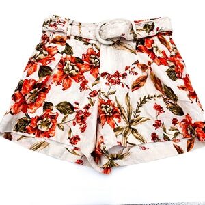 NEW Joie 100% Linen Floral High Waisted Belted Shorts Cream Tan Women's Size 4